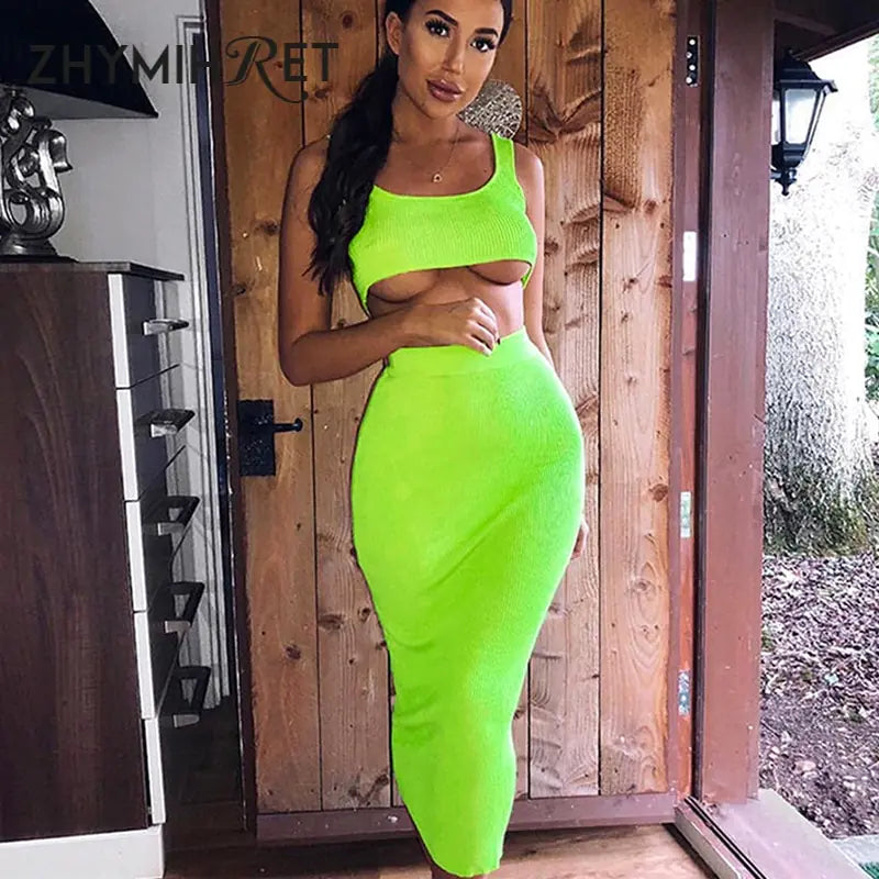 Neon Color Sexy Ribbed Dress Set