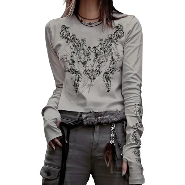 Crop Top T-shirt Graphic Gothic Grunge Long Sleeve