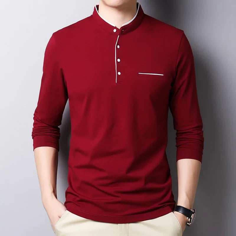 Mandarin Collar Long Sleeve Polo Shirt