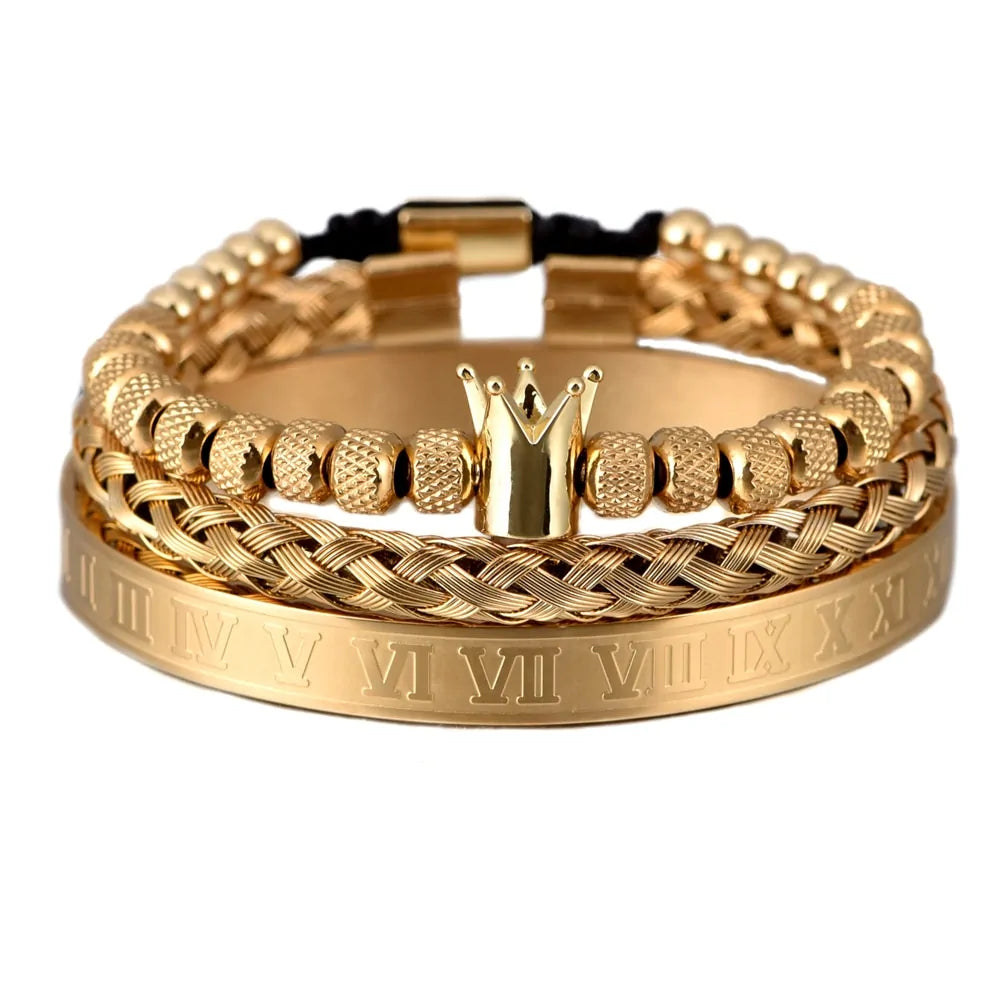 Luxury 3-piece Stainless Steel Bracelet Set with Roman Numeral Charm in Gold Color for Men