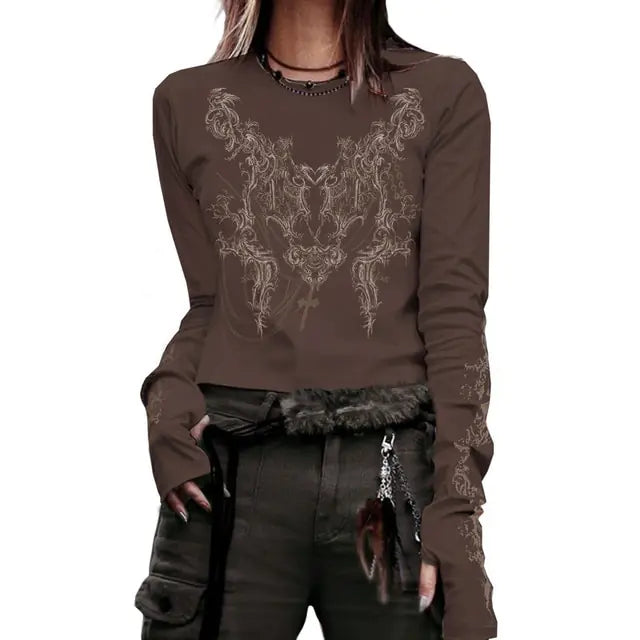 Crop Top T-shirt Graphic Gothic Grunge Long Sleeve