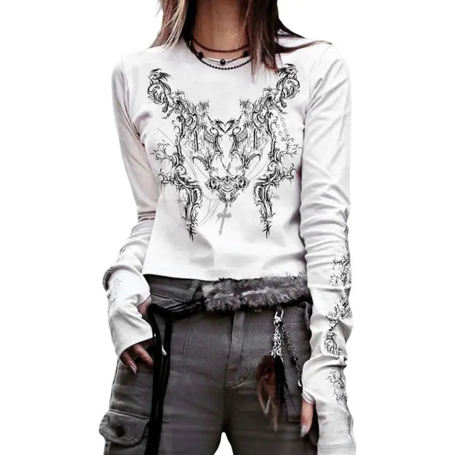 Crop Top T-shirt Graphic Gothic Grunge Long Sleeve