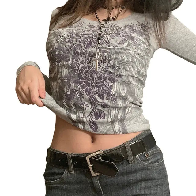 Crop Top T-shirt Graphic Gothic Grunge Long Sleeve