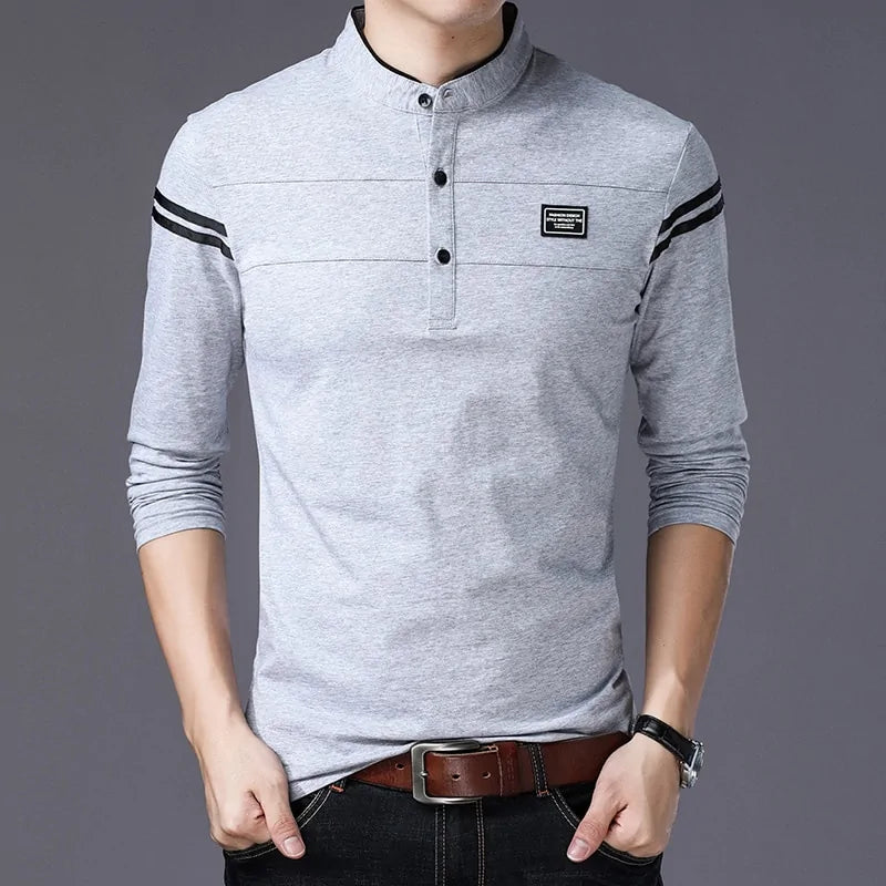 Mandarin Collar Long Sleeve Polo Shirt