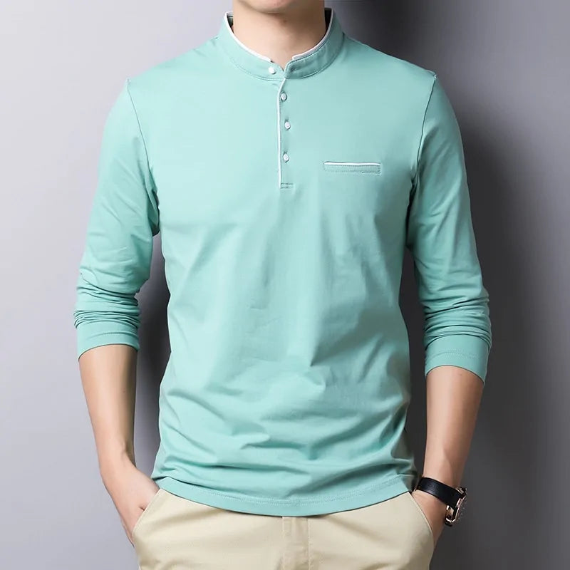 Mandarin Collar Long Sleeve Polo Shirt