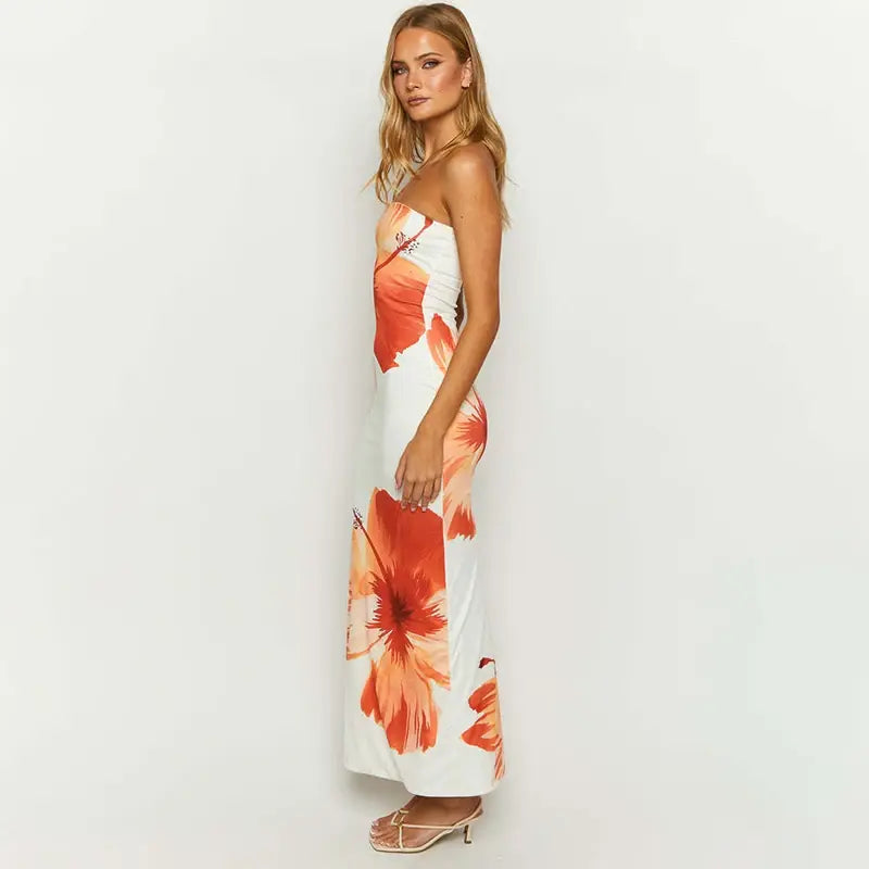 Women's Flower Print Off-Shoulder Beach Dress