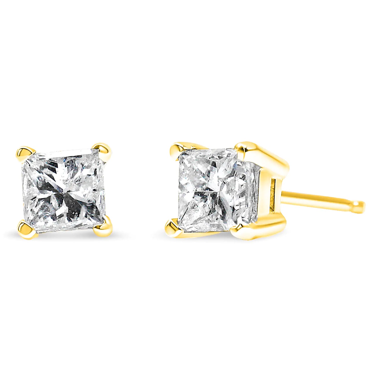 AGS Certified Princess-Cut Square Diamond 4-Prong Solitaire Stud Earrings in 14K Yellow Gold (L-M Color, SI1-SI2 Clarity)