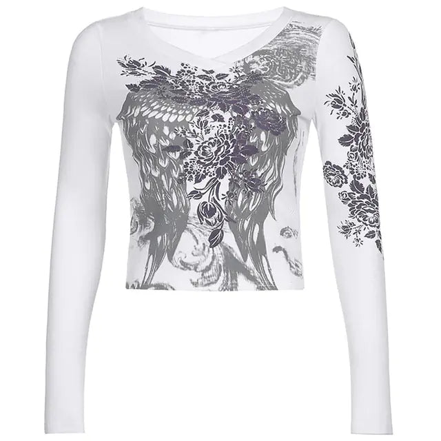 Crop Top T-shirt Graphic Gothic Grunge Long Sleeve