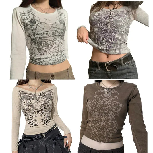 Crop Top T-shirt Graphic Gothic Grunge Long Sleeve