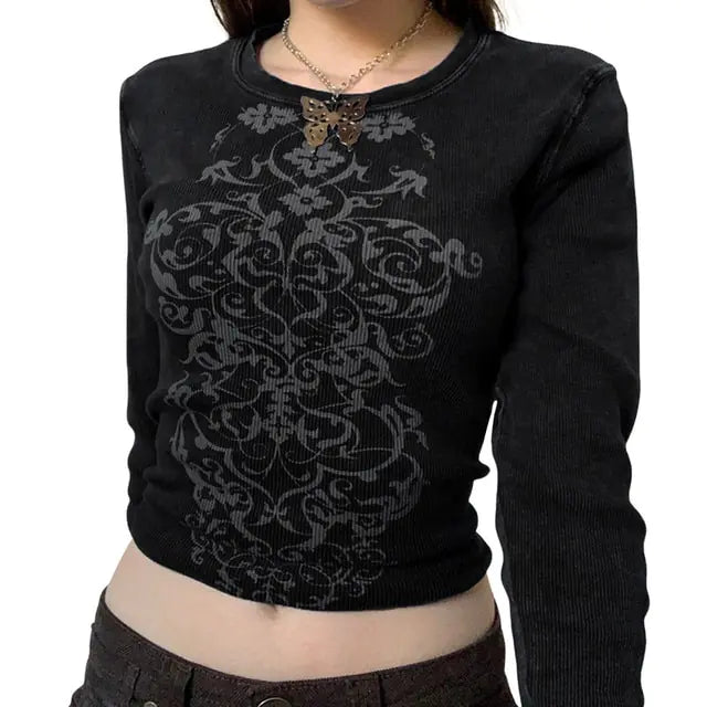 Crop Top T-shirt Graphic Gothic Grunge Long Sleeve