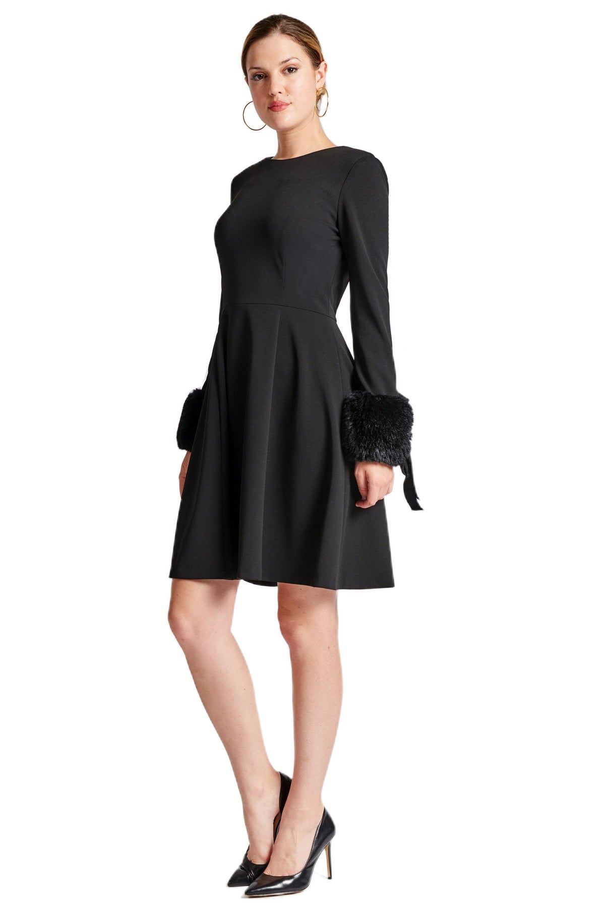 Caroline Dress - Long Sleeve Fit & Flare Black Dress with Faux Fur