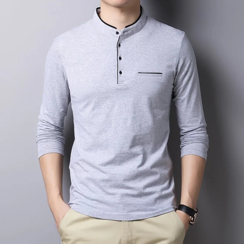 Mandarin Collar Long Sleeve Polo Shirt