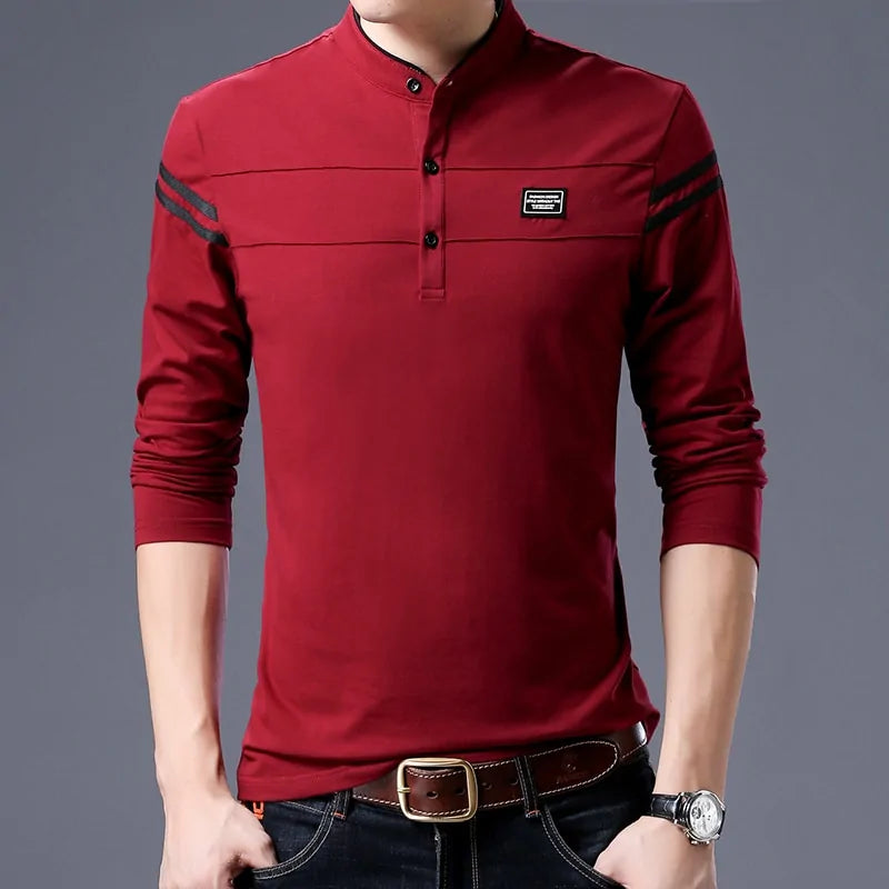 Mandarin Collar Long Sleeve Polo Shirt