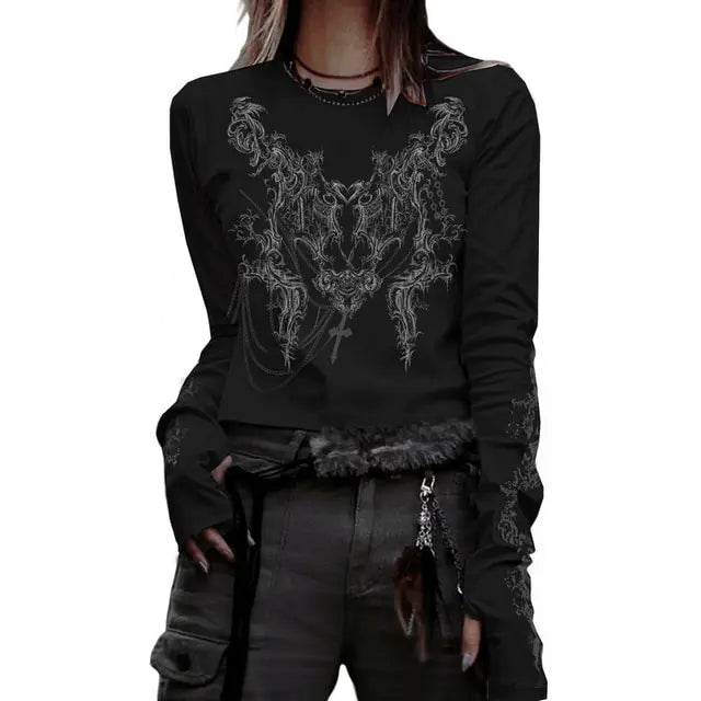 Crop Top T-shirt Graphic Gothic Grunge Long Sleeve