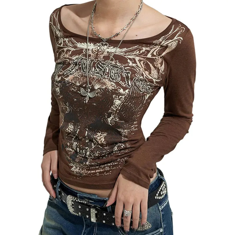 Crop Top T-shirt Graphic Gothic Grunge Long Sleeve