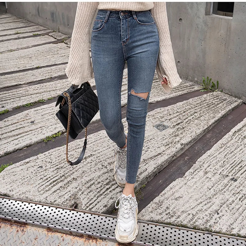 High Waist Tassel Ripped Denim Skinny Pants - Women's Black Jeans