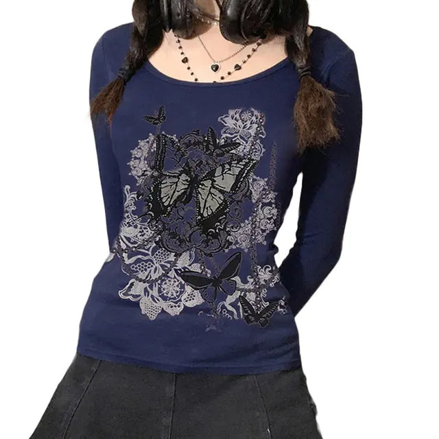 Crop Top T-shirt Graphic Gothic Grunge Long Sleeve