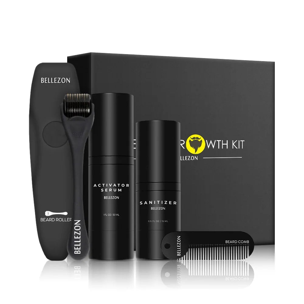 Men's 4-Piece Beard Growth Kit with Growth Enhancer Oil, Leave-in Conditioner, and Comb