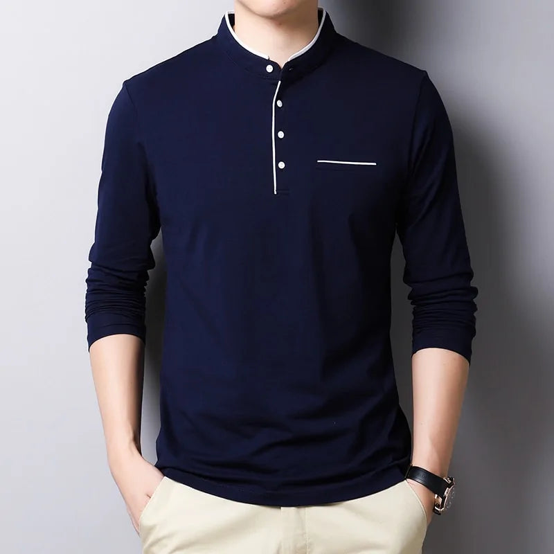 Mandarin Collar Long Sleeve Polo Shirt