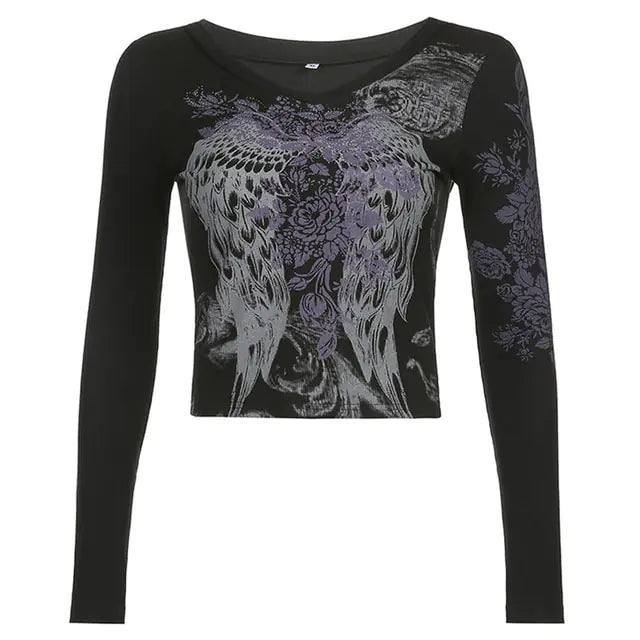 Crop Top T-shirt Graphic Gothic Grunge Long Sleeve