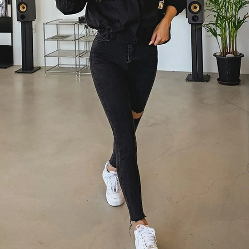 High Waist Tassel Ripped Denim Skinny Pants - Women's Black Jeans