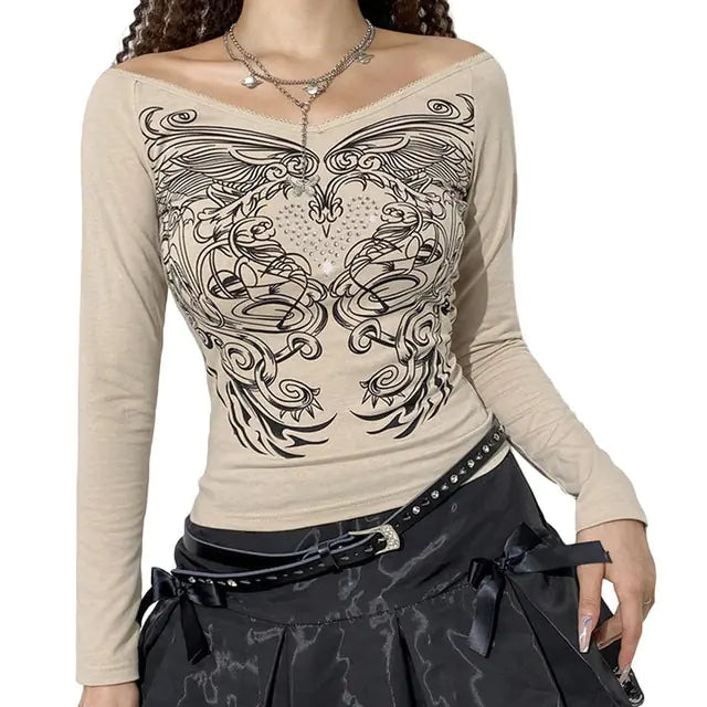 Crop Top T-shirt Graphic Gothic Grunge Long Sleeve